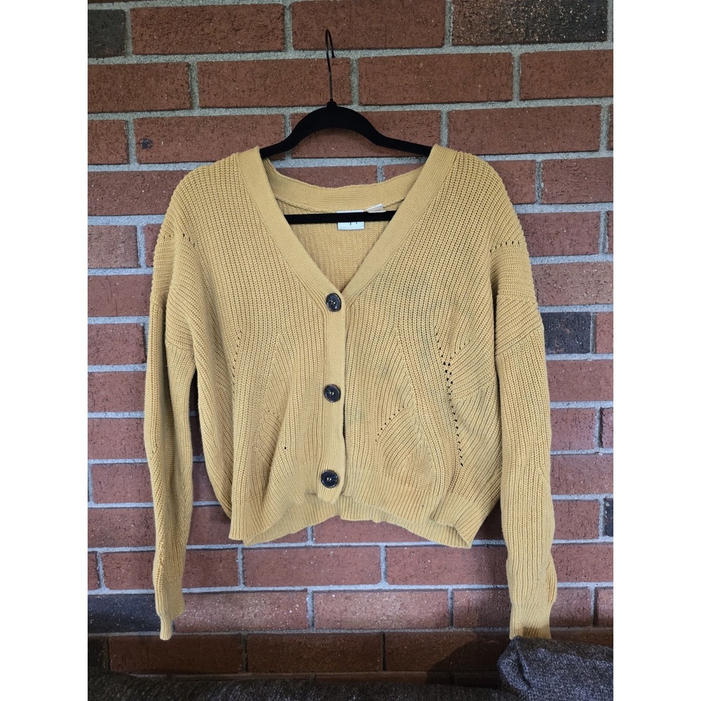 Daytrip Open Knit Crop Cardigan Medium Buttons Mustard Yellow Sweater
